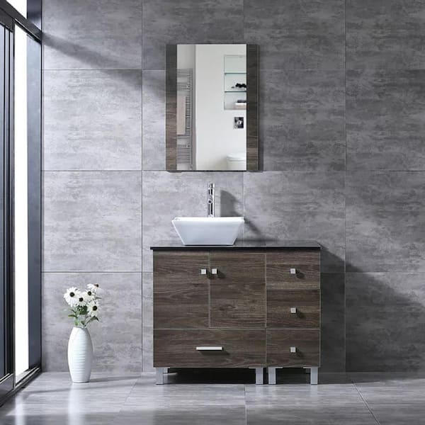 Wonline 36.4 in. W x 21.7 in. D x 60 in. H Single Sink Bath Vanity in Brown with Black Top and Mirror