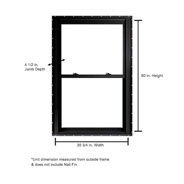 35.75 in. x 60 in. 70 Series Low-E Argon Glass Double Hung No J Black Vinyl Fin Window, Screen Included