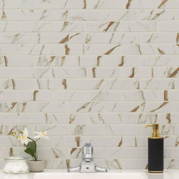 Calacatta Gold Subway 12 in. x 12 in. x 0.24 in. Matte Porcelain Mesh-Mounted Mosaic Tile (13.95 sq. ft./Case)