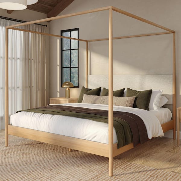 Harbor Beige Wood Frame King Canopy Bed with Upholstered Headboard