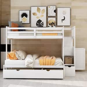 White Twin Over Full Bunk Bed With Shelves and Drawers, Wood Bunk Beds for Kids, Bunk Bed with Convertible Bottom Bed