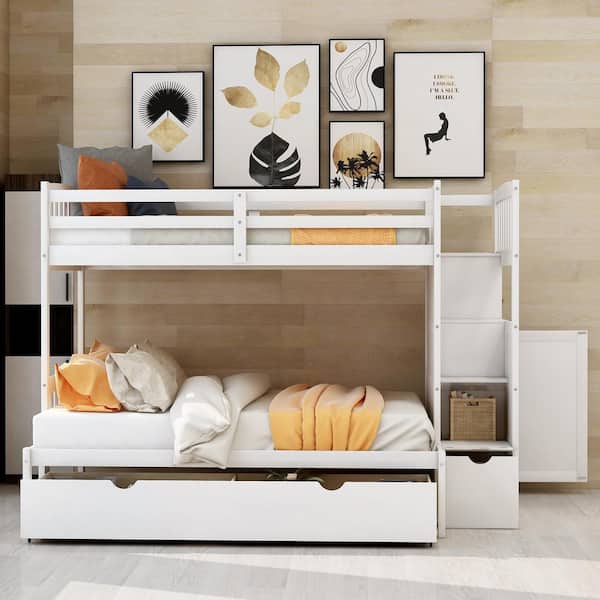 White Twin Over Full Bunk Bed With Shelves and Drawers, Wood Bunk Beds for Kids, Bunk Bed with Convertible Bottom Bed