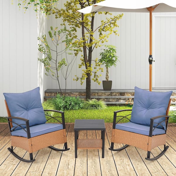 HOMMOW 3-Piece Outdoor Rocking Chairs Bistro Set, PE Wicker Patio Conversation Set with Cushions and Coffee Table, Blue