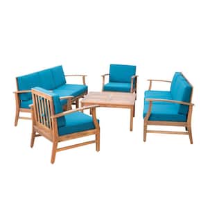 Giancarlo Teak 9-Piece Wood Outdoor Patio Sofa Set with Blue Cushions