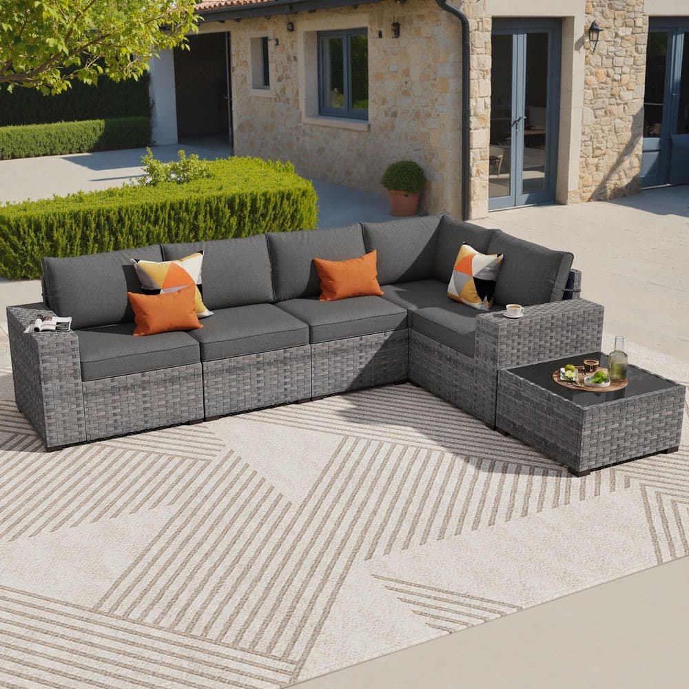Bissty Gray 6-Piece Wicker Wide Arm Patio Conversation Set with Black Cushions price history on PriceWatchPro