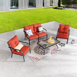 5-Piece Metal Patio Conversation Set with Red Cushions