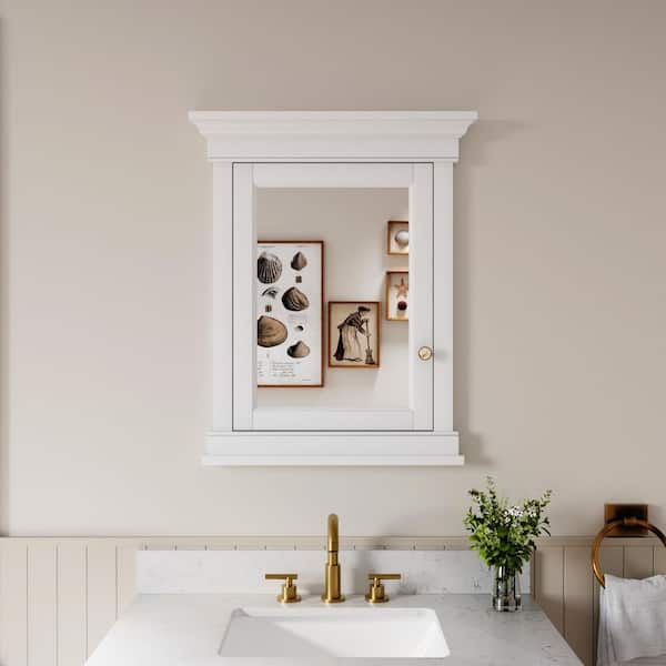 26 in. W x 32 in. H Rectangular Solid Wood Medicine Cabinet with Mirror with Adjustable Glass Shelf in White