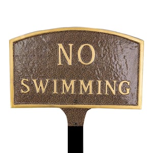 5.5 in. x 9 in. Small Arch No Swimming Statement Plaque Sign with Lawn Stake - Hammered Bronze
