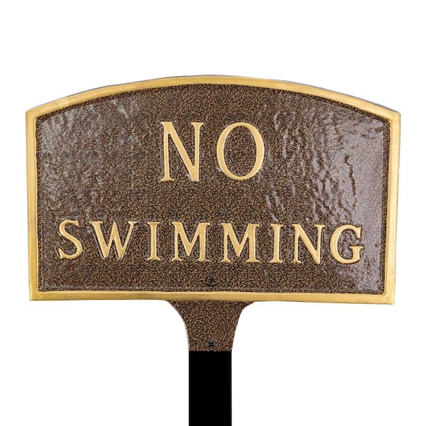 Montague Metal Products 5.5 in. x 9 in. Small Arch No Swimming Statement Plaque Sign with Lawn Stake - Hammered Bronze