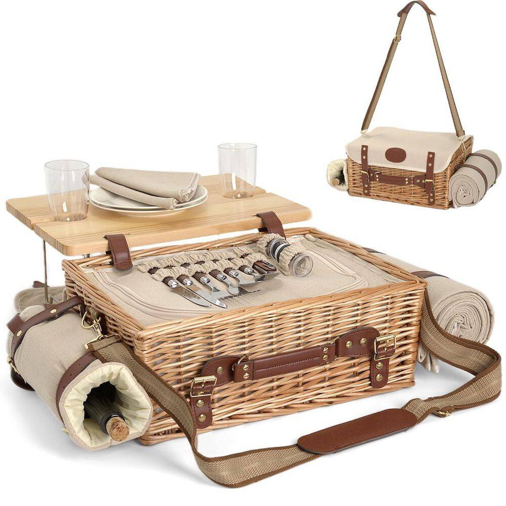 Insulated Multifunctional Wicker Picnic Basket Set with Blanket, Picnic Table and Full Tablewares for 2-Person, Natural price history on PriceWatchPro