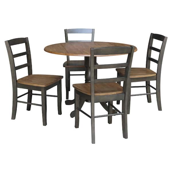 International Concepts 5-Piece Distressed Hickory and Coal 42 in. Round Drop-Leaf Dining Set with 4-Side Chairs