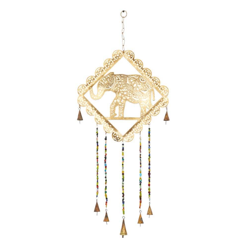 Gold Metal Elephant Windchime with Glass Beads and Bells