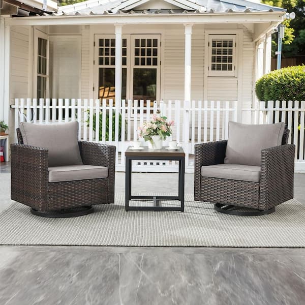 Gymojoy Valenta Brown 3-Piece Wicker Patio Conversation Set with Gray Cushions