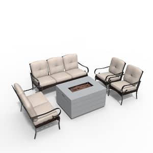 Azaryah Gray 5-Piece Concrete Patio Fire Pit Conversation Sofa Set with Beige Cushions