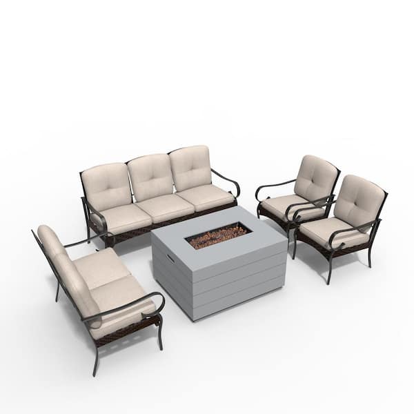 moda furnishings Azaryah Gray 5-Piece Concrete Patio Fire Pit Conversation Sofa Set with Beige Cushions