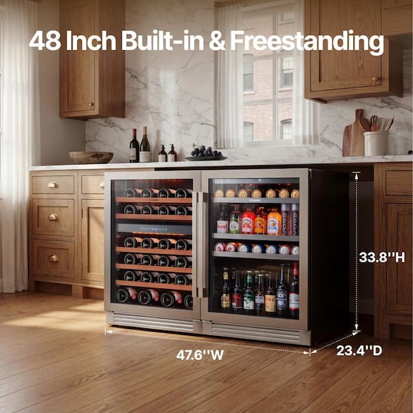 48 in. Triple Zone 46-Wine Bottles and 220-Cans Beverage and Wine Cooler Side-by-Side Refrigerator Frost Free in Black
