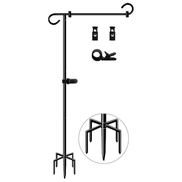 Angel Sar 4.25 ft. Black Steel Garden Flagpole with Spring Stoppers, Tiger Clip and 5-Prong Base for Small Flag (1-Pack)