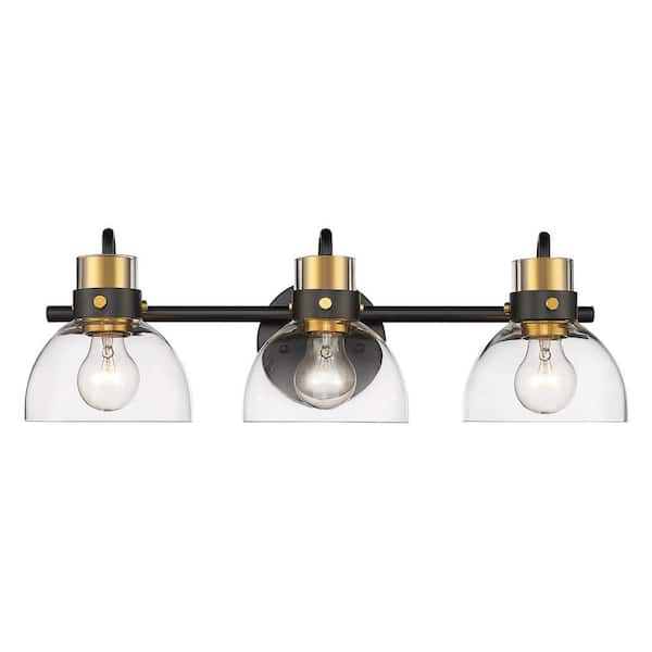 JAZAVA 20.8 in. 3-Light Black and Gold Vanity Light Wall Sconce-Lighting Over Mirror with Clear Glass Shade For Bathroom
