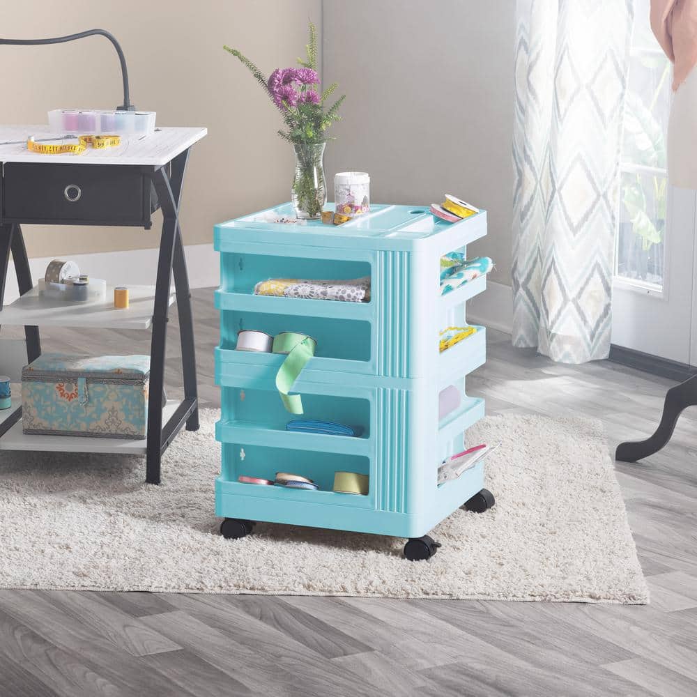 Turquoise Rotating Plastic Mobile Storage Cart with Multiple Compartments