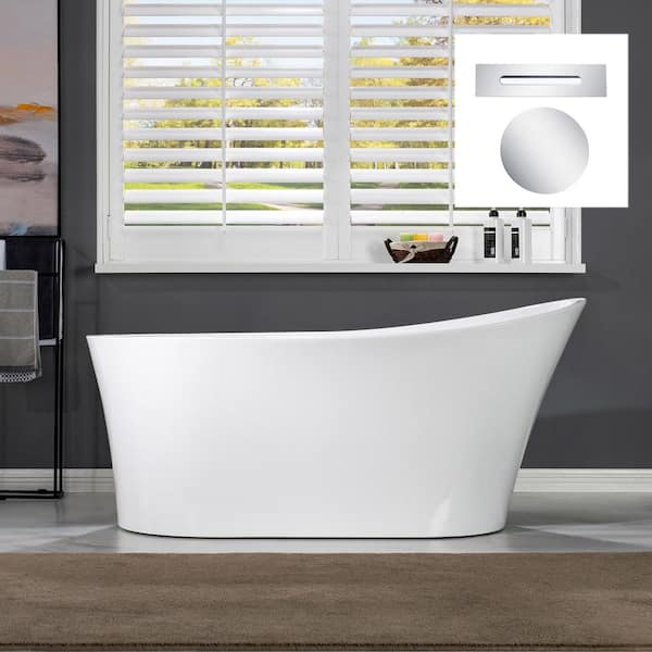 WOODBRIDGE Sona 59 in. Acrylic FlatBottom Single Slipper Bathtub with Polished Chrome Overflow and Drain Included in White