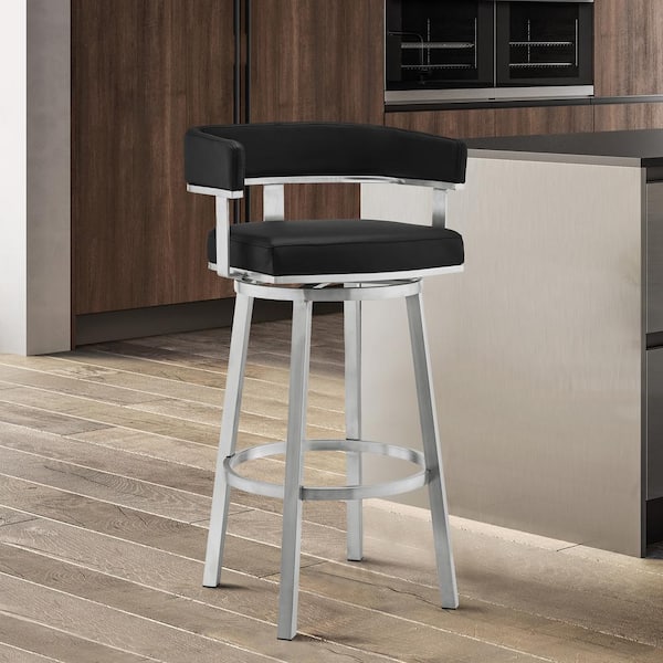Armen Living Lorin 26 in. Black/Brushed Stainless Steel Open Back Metal Counter Stool with Faux Leather Seat