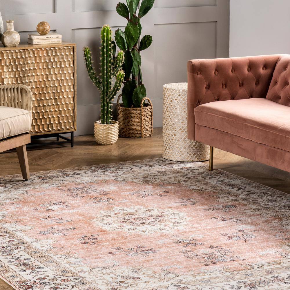 Ivory Floral Synthetic Washable Rectangular Area Rug