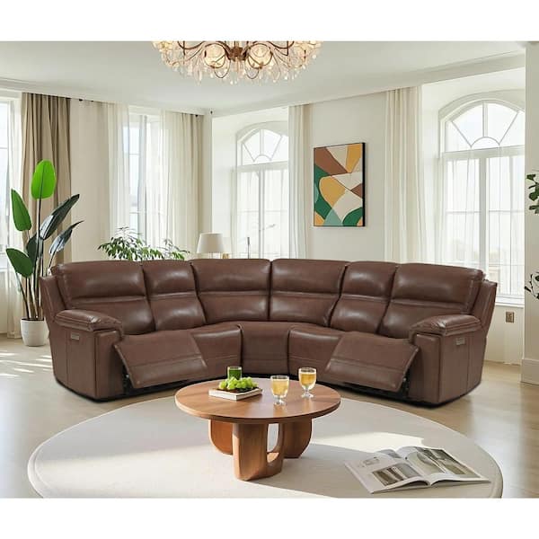 Van 108 in 5-Seaters Genuine Leather Dual Power Sectional Sofa with Zero Gravity, USB Ports in. LightBrown