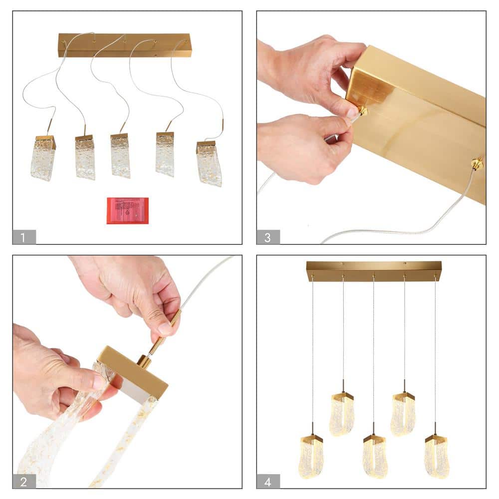 Aeyilana Brass and Crystal 5-Light LED Kitchen Island Pendant