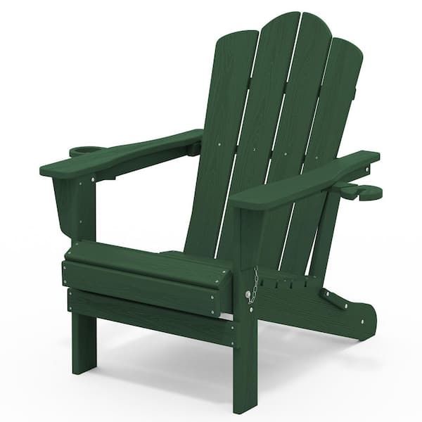 Classic Outdoor HDPE Folding Plastic Adirondack Chair with 2 Cup Holders in Green (Set of 1)