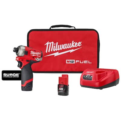 M12 FUEL SURGE 12-Volt Lithium-Ion Brushless Cordless 1/4 in. Hex Impact Driver Compact Kit w/Two 2.0Ah Batteries, Bag