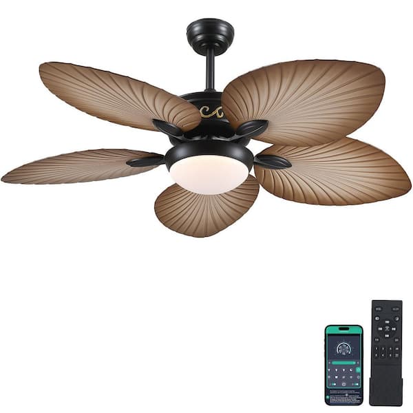 Kviflon 52 in. Indoor/Outdoor Black Retro 5 Palm Leaf Shaped Blades Ceiling Fan with Dimmable LED Light and Remote/APP