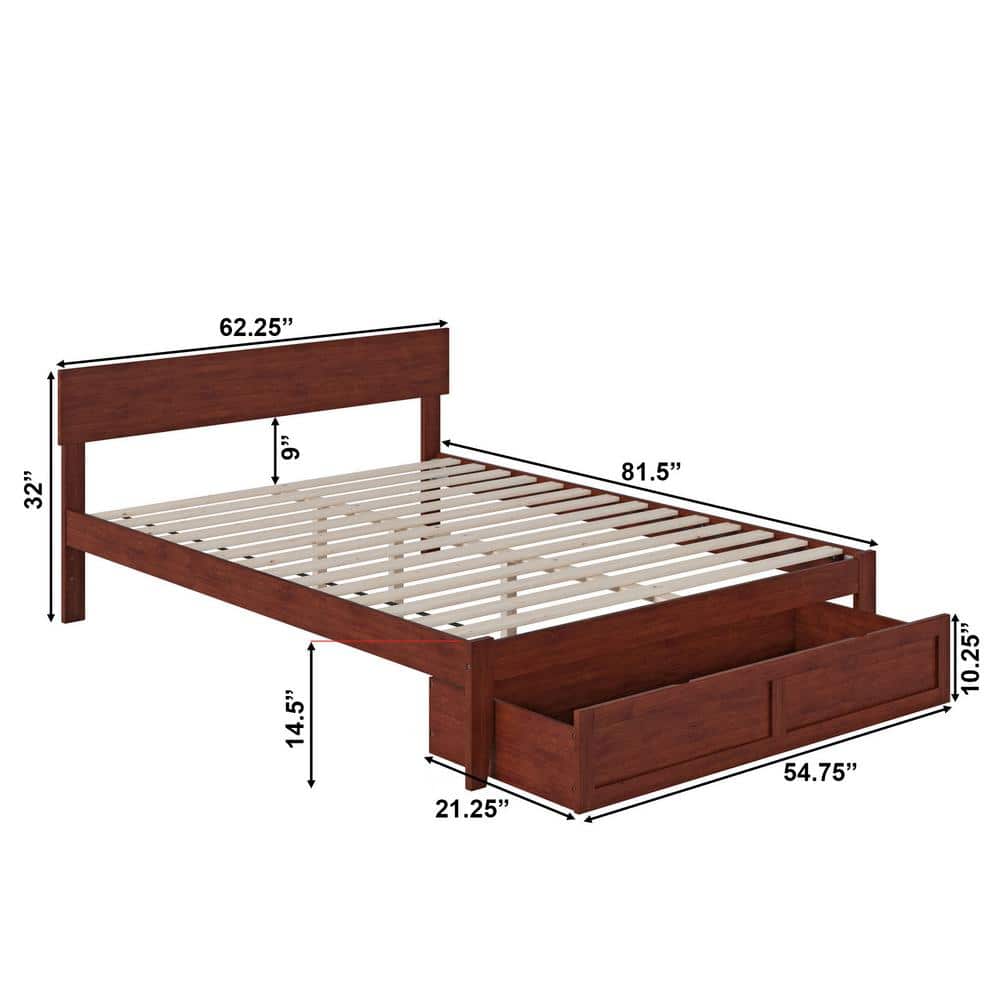 Walnut Queen Bed with Upholstered Headboard and Storage Drawer