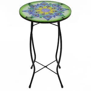 19 in. Green and Blue Peacock Flower Tail Glass Patio Side Table