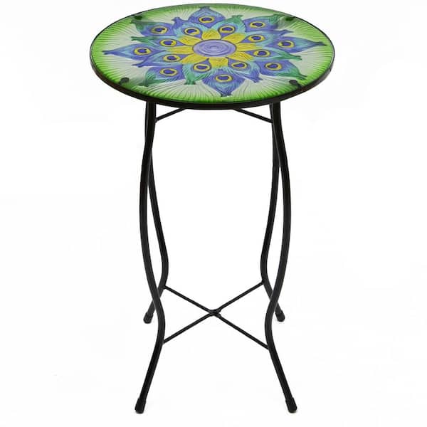 Northlight 19 in. Green and Blue Peacock Flower Tail Glass Patio Side Table
