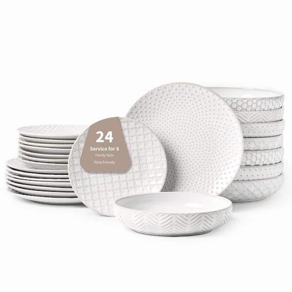 24-Piece Embossed Ceramic Dinnerware Set Elegant Durable Plates Salad Plates Pasta Bowls Service for 8