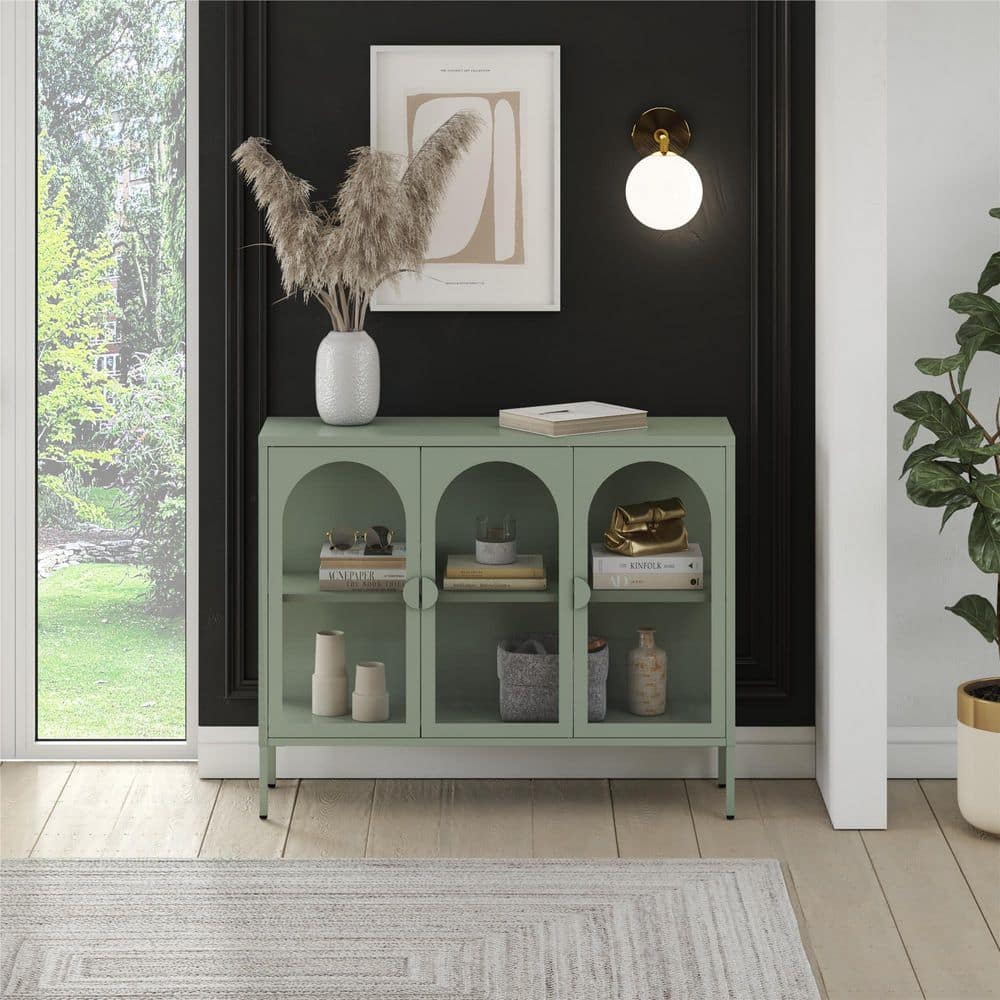 Pale Green Metal Accent Cabinet with Adjustable Shelving and Glass Doors