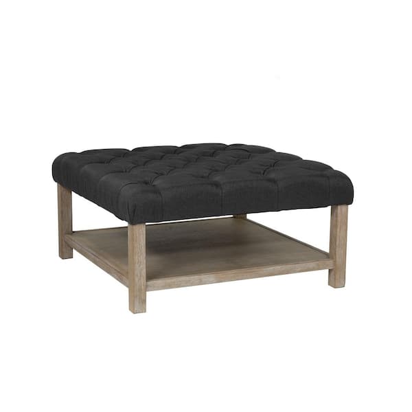 Errona Dark Gray and Natural Tone Square Button Tufted Ottoman
