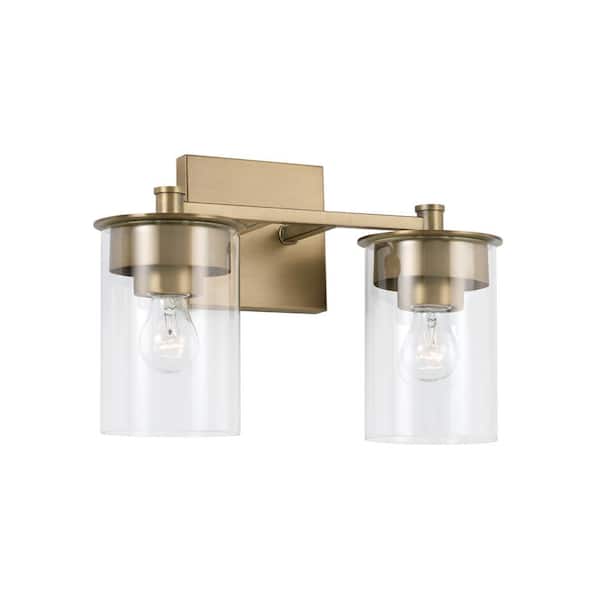 14 in. W x 9 in. H 2-Light Vanity Light in Aged Brass with Clear Glass