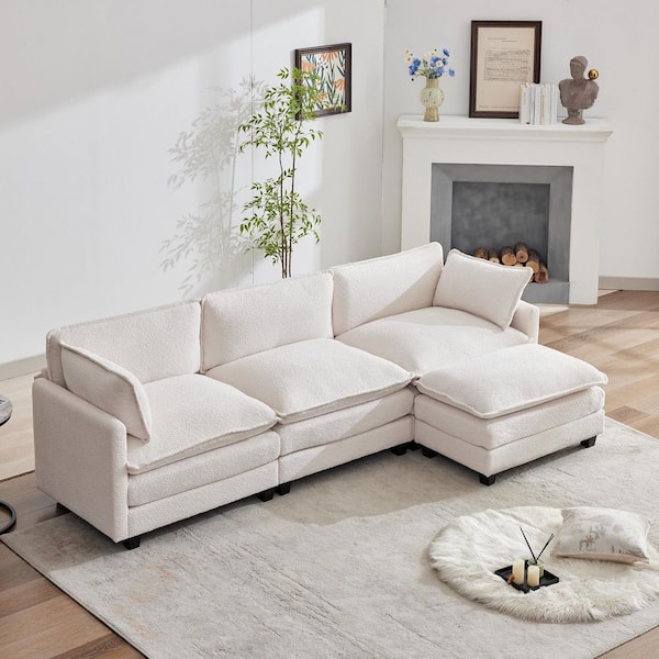 JEAREY 112.2 in. W 4-Piece Modern Fabric Looped Velvet Sectional Sofa with Ottoman in Beige QQSF-3-Beige