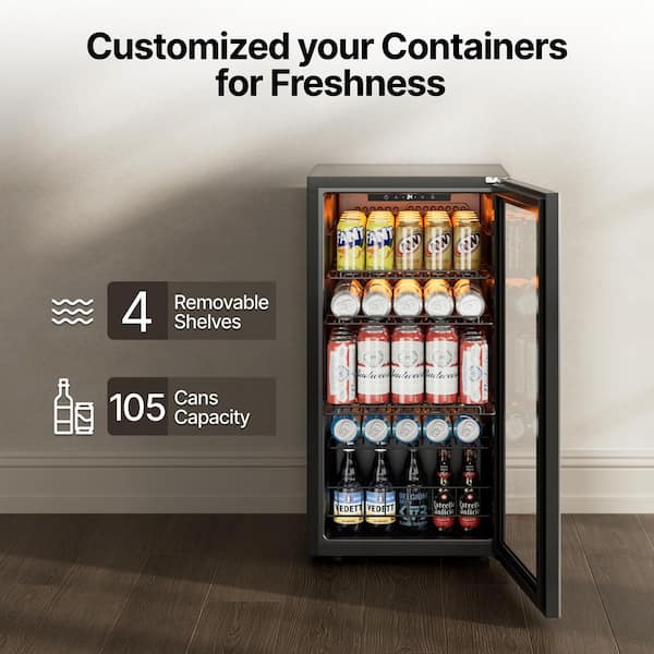 122-Cans Beverage Cooler 16.9 in. W Single Zone Refrigerator 2-Layer UV-Blocking Tempered Glass Door in Stainless Steel