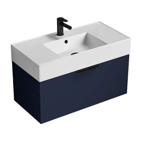 Nameeks Derin 31.9 in. W x 17.4 in. D x 20.47 in. H Modern Bathroom Vanity in Night Blue With White Ceramic Top