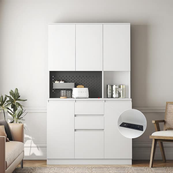White 74 in. Large Wood Pantry Organizer with Roll-Out 2-Drawer and Storage Shelves Freestanding Cupboard Buffet Cabinet