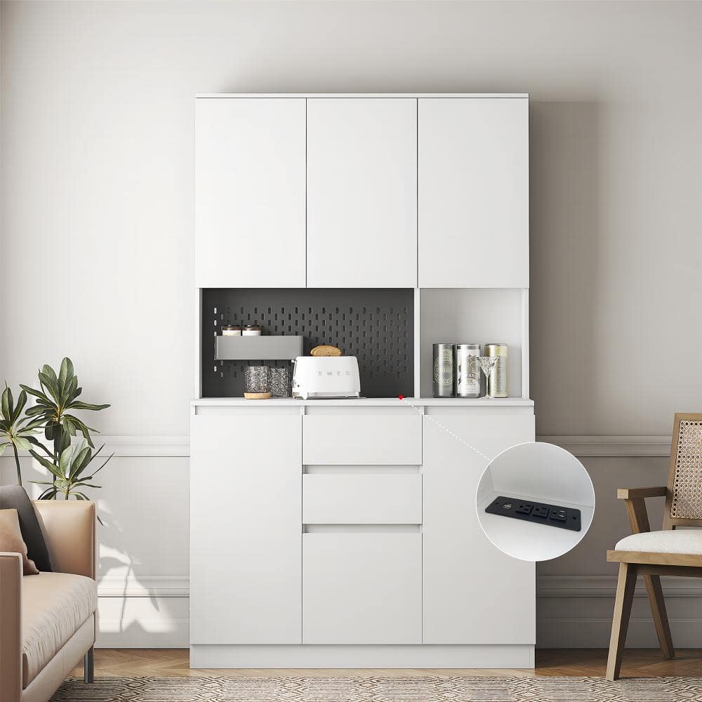 White 74 in. Large Wood Pantry Organizer with Roll-Out 2-Drawer and Storage