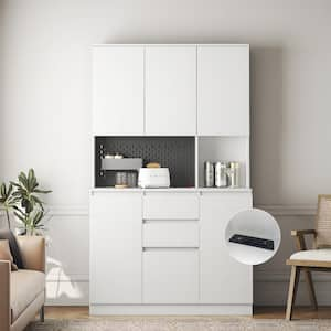 White 74 in. Large Wood Pantry Organizer with Roll-Out 2-Drawer and Storage Shelves Freestanding Cupboard Buffet Cabinet