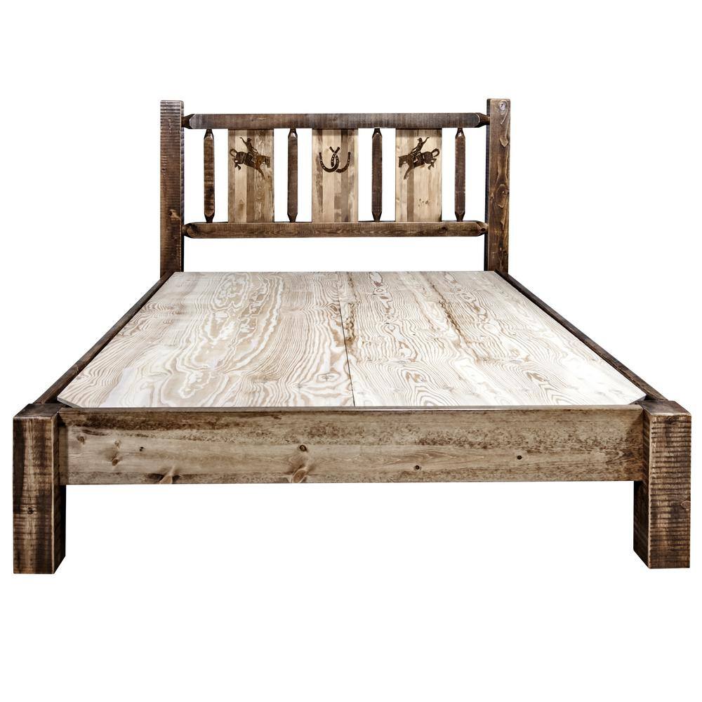 Rustic Full Pine Platform Bed with Laser Engraved Bronc Headboard