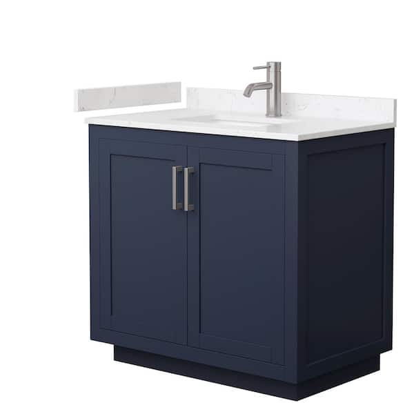 Wyndham Collection Miranda 36 in. W Single Bath Vanity in Dark Blue with Cultured Marble Vanity Top in Light-Vein Carrara with White Basin