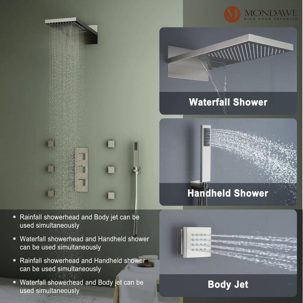 Large Brushed Nickel Dual Rain and Jet Shower System
