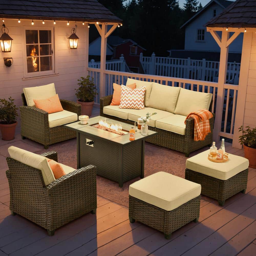 Serena Grey 6-Piece Wicker Outdoor Patio Furniture Conversation Sofa Set with Metal Fire Pit and Beige Cushions price history on PriceWatchPro