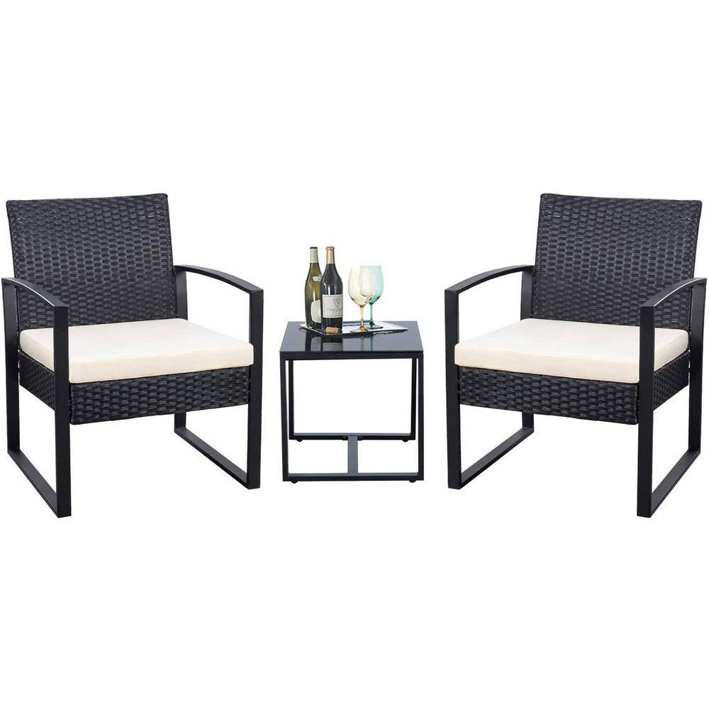 Tozey 3Piece Black Steel Outdoor Wicker Patio Furniture Sets Outdoor Bistro Set with White