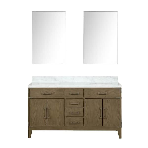 Fossa 60 in W x 22 in D Grey Oak Double Bath Vanity, Carrara Marble Top, and 28 in Mirrors